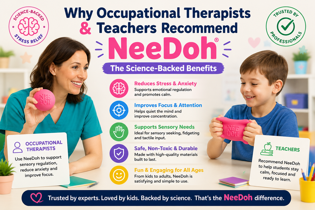 Occupational therapist and teacher recommending NeeDoh sensory fidget toy for stress relief, focus, anxiety reduction, and sensory regulation in children, highlighting the science-backed benefits
