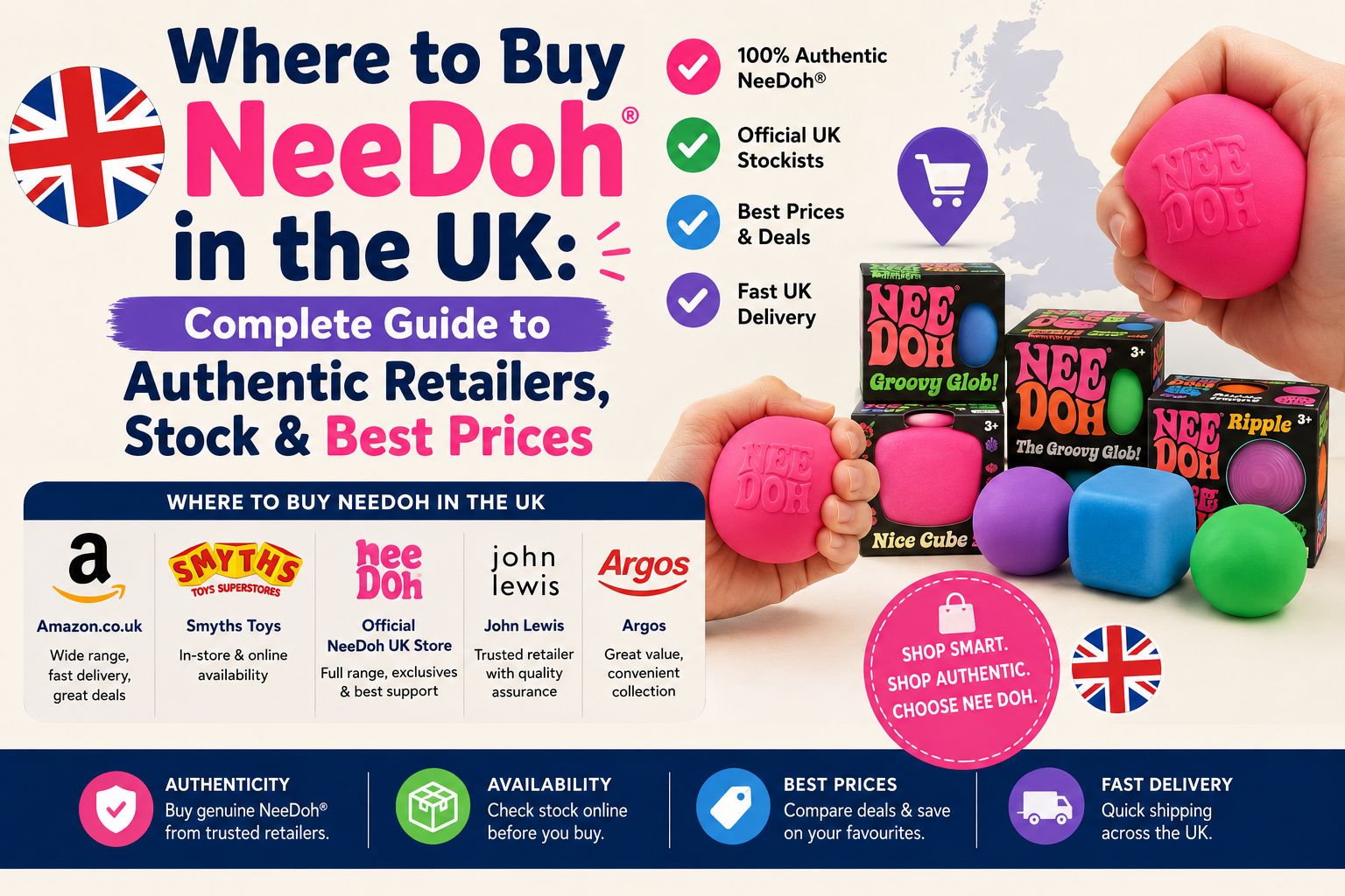 Official NeeDoh UK buying guide featuring trusted retailers, genuine NeeDoh products, stock availability, and the best prices across the UK