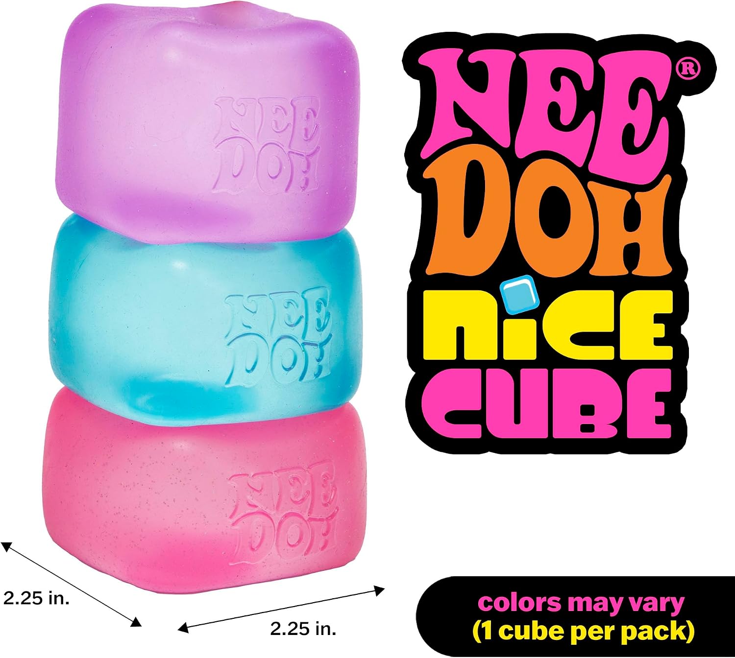 Schylling Needoh Nice Cube - Sensory Squeeze Toy with Super Solid Squish - 2.25" Cube - Colors May Vary (Pack of 1) - Bilingual Packaging