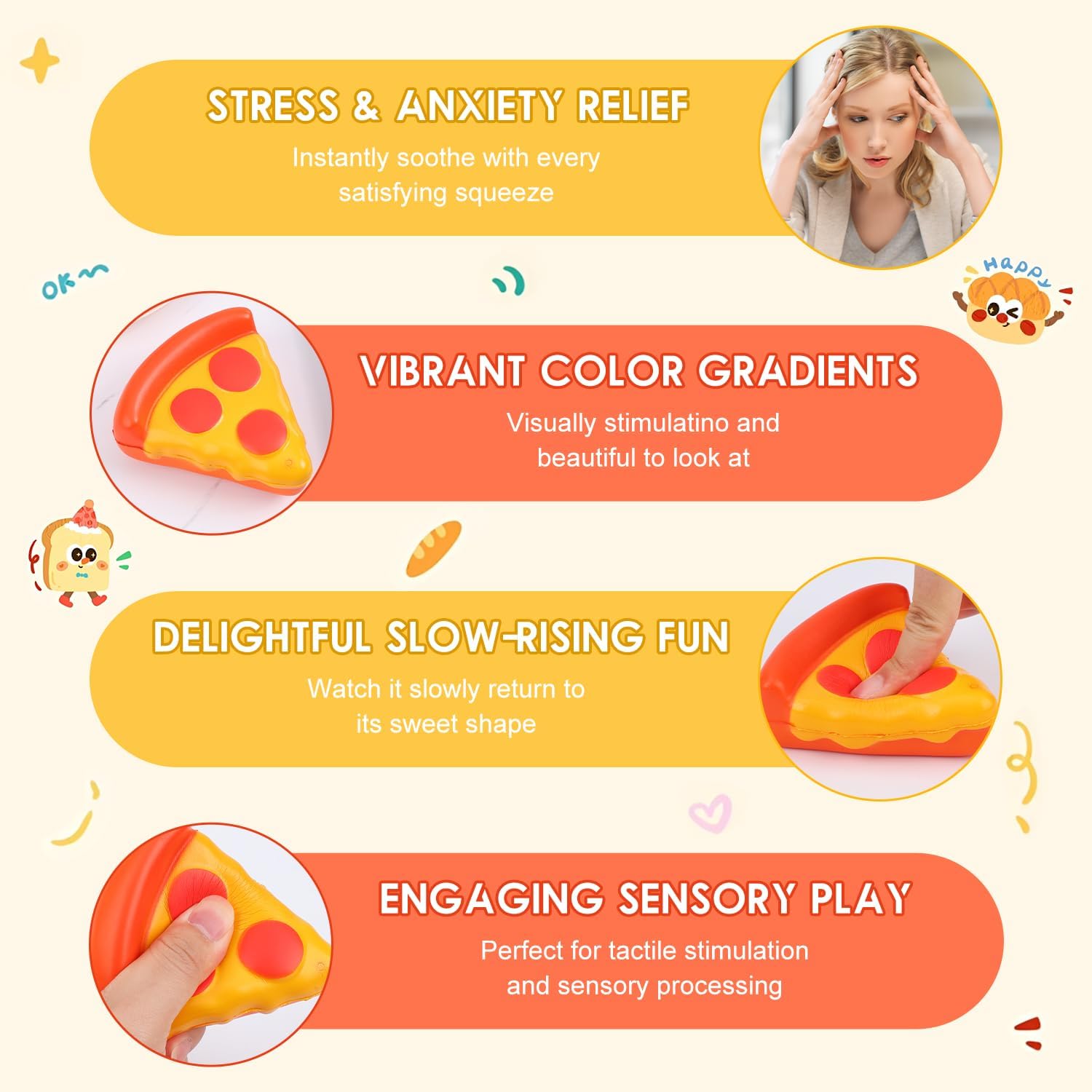 Squishy Ice Cream Squeeze Toys, Cute Pizza Fidget Toys, Cute Food Shaped Fidget Sensory Toys, Soft Anxiety Relief Hand Toys for Adults & Teens, Party Favors, Desk Decor & Relaxation Gifts