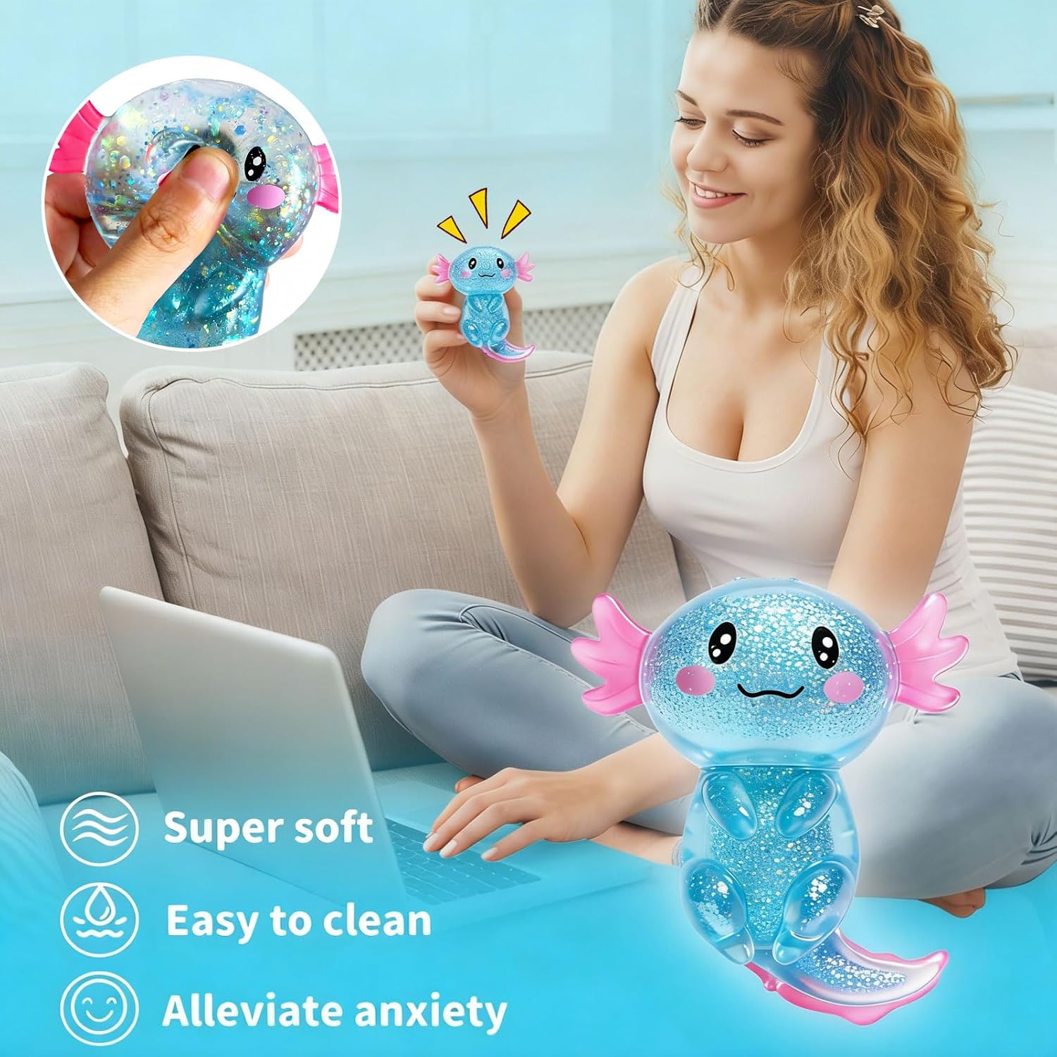2 Pcs Axolotl Squishy Stress Relief Toy, Stretchy Axolotls Stress Soft Squeeze Sensory Fidget Toys for Kids Adults, Cute Axolotls Squishies Party Favors Classroom (BluePink)