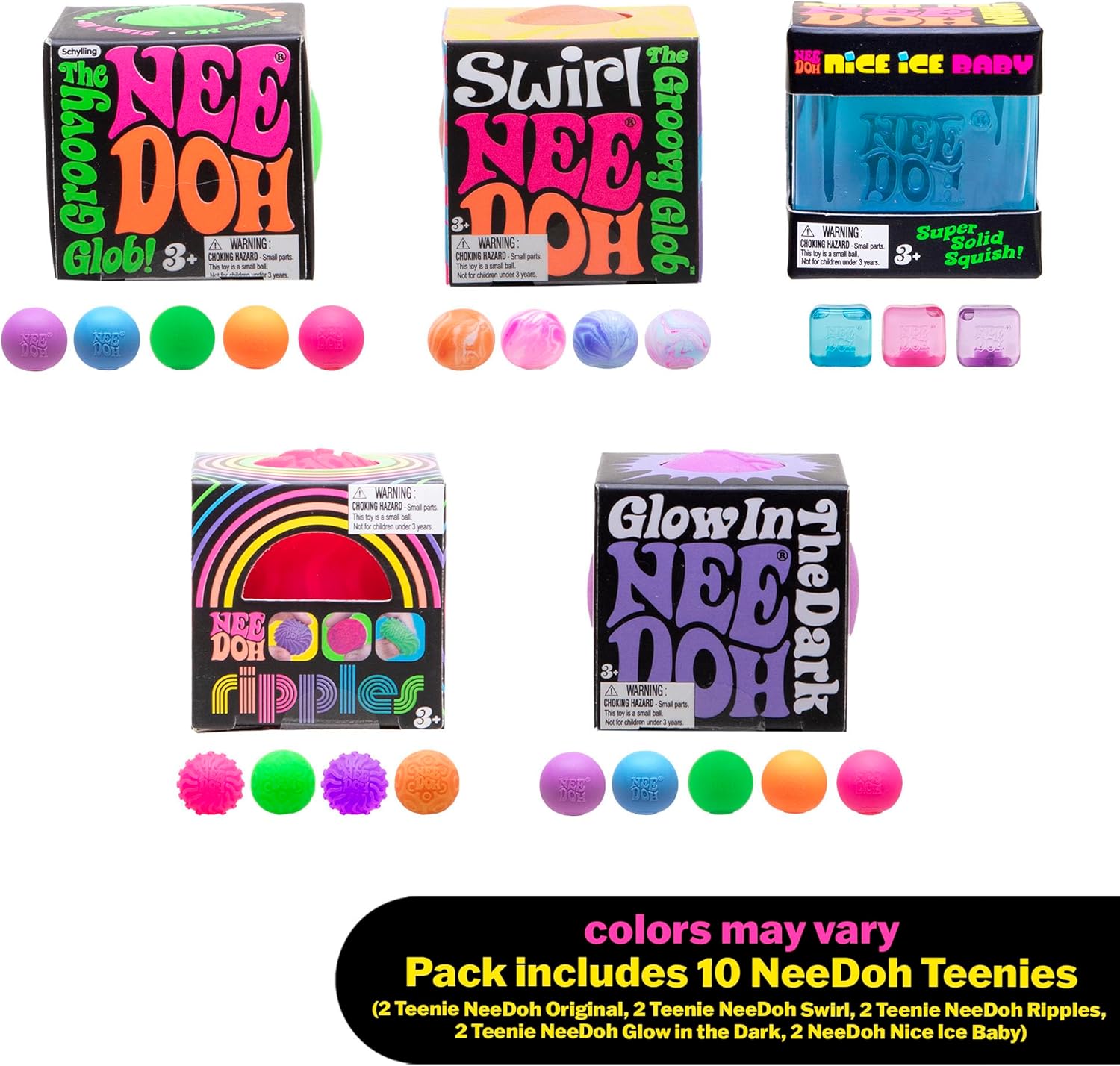NeeDoh Teenie 10-Pack – 5 Styles Inc. Nice Ice Baby, Original, Swirl, Ripples & Glow