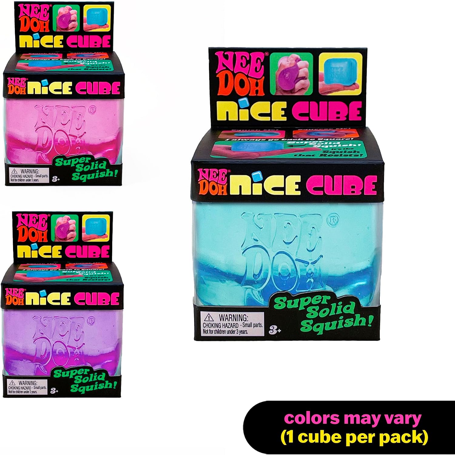 Schylling Needoh Nice Cube - Sensory Squeeze Toy with Super Solid Squish - 2.25" Cube - Colors May Vary (Pack of 1) - Bilingual Packaging