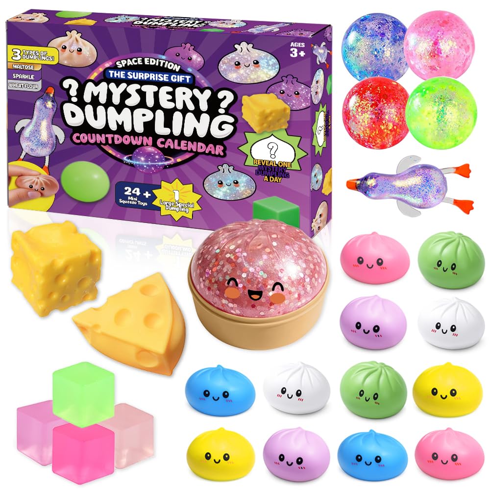 Mystery dumpling squishy NeeDoh advent calendar with 24 blind box doors and assorted kawaii bao bun squishes with faces