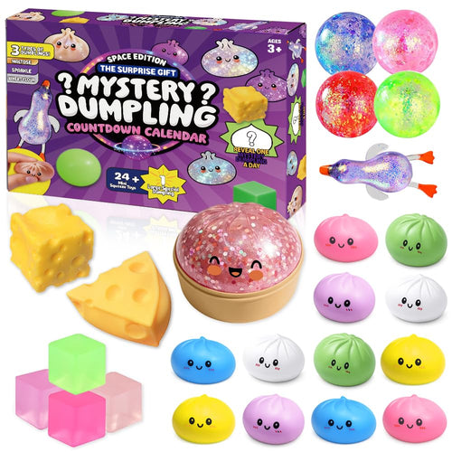 Mystery dumpling squishy NeeDoh advent calendar with 24 blind box doors and assorted kawaii bao bun squishes with faces