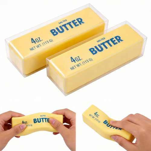 NeeDoh butter squishy realistic slow rising foam toy shaped like 4oz butter stick with printed wrapper styling by Midou