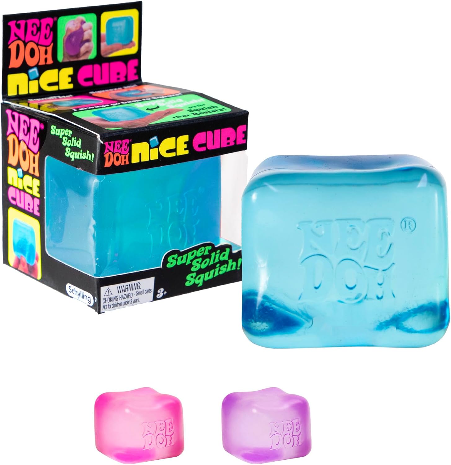 Schylling NeeDoh Nice Cube translucent blue ice cube fidget toy with super solid squish in Schylling retail packaging