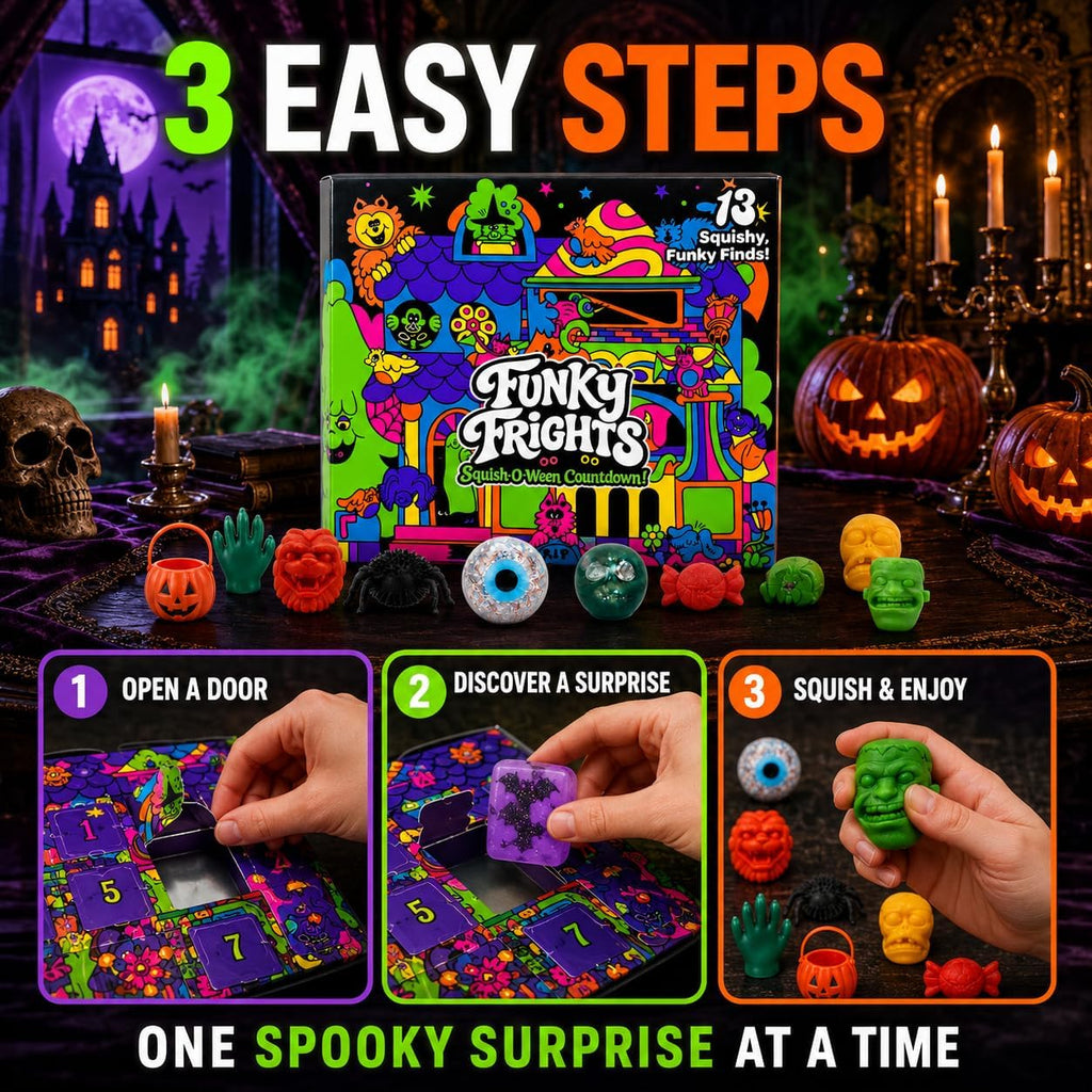 Hand squeezing purple NeeDoh Funky Frights squishy toy, 3 easy steps graphic