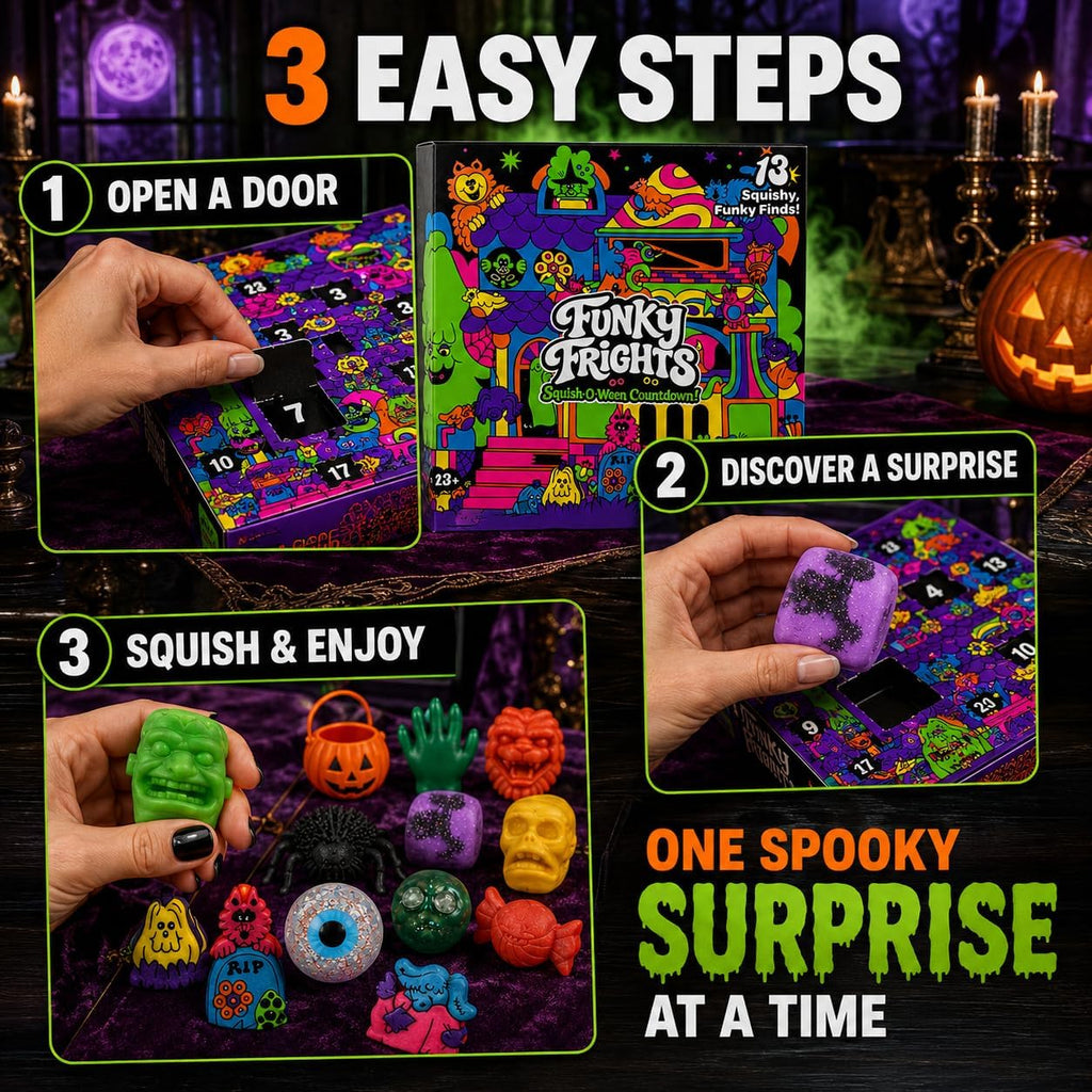 NeeDoh Funky Frights easy steps graphic, one spooky squishy surprise at a time