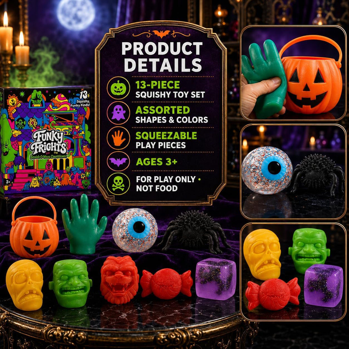 NeeDoh Funky Frights product detail graphic showing squishy toy features