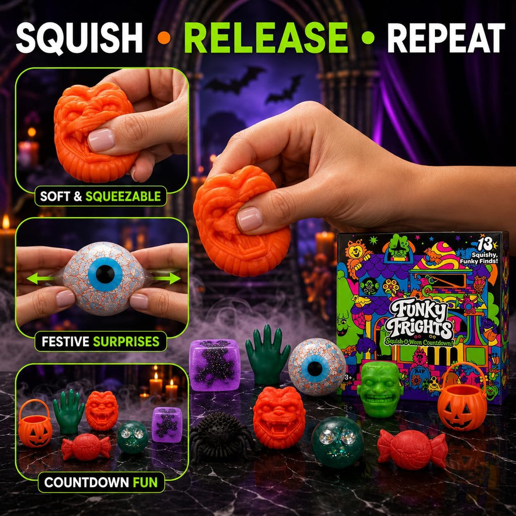Hand squeezing orange pumpkin NeeDoh squishy toy, squish release repeat graphic