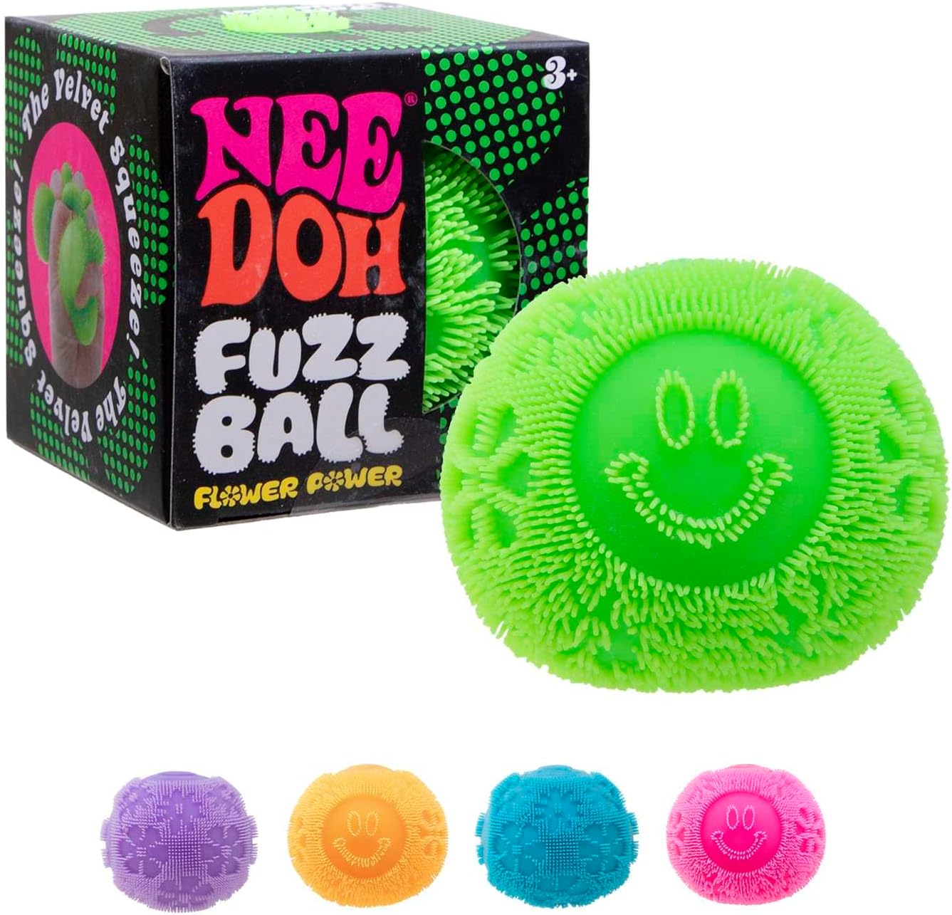 NeeDoh Fuzz Ball Flower Power green velvet squishy with retro flower print in genuine Schylling NeeDoh packaging