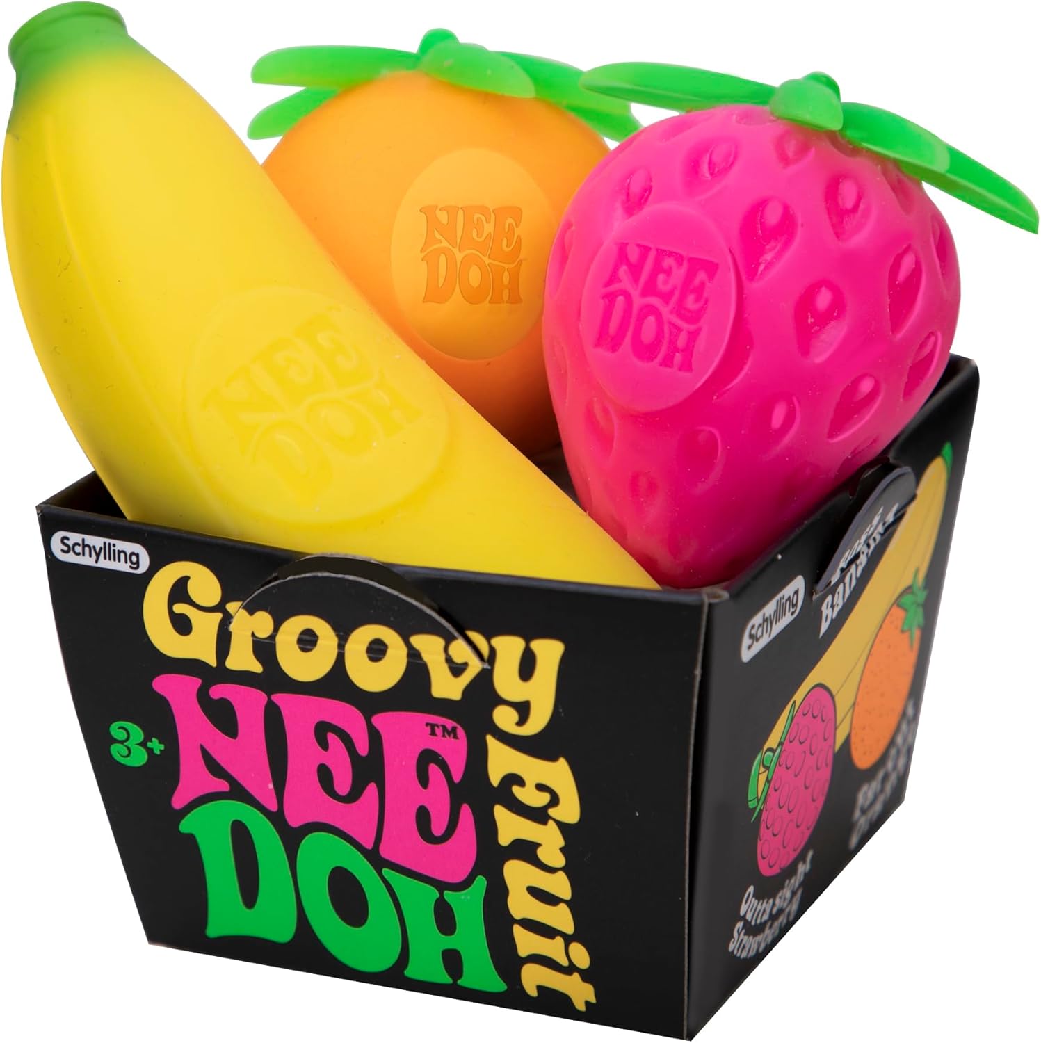NeeDoh Groovy Fruit three pack with Boss Banana Outta Sight Strawberry and Far Out Orange squishy fidget fruits