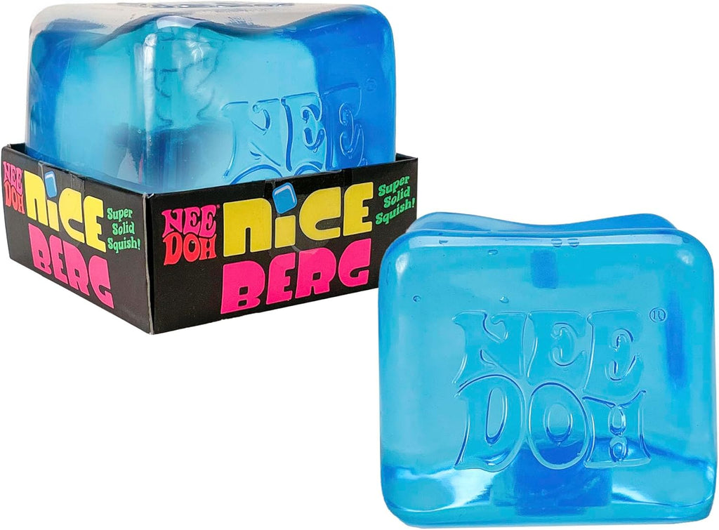 NeeDoh Nice Berg giant translucent blue ice cube squishy at 3.25 inches held in two hands showing glacier effect