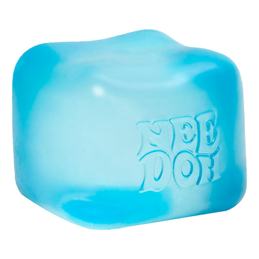 NeeDoh Nice Cube translucent blue ice cube fidget toy showing super solid squish texture for stress relief ages 3 plus