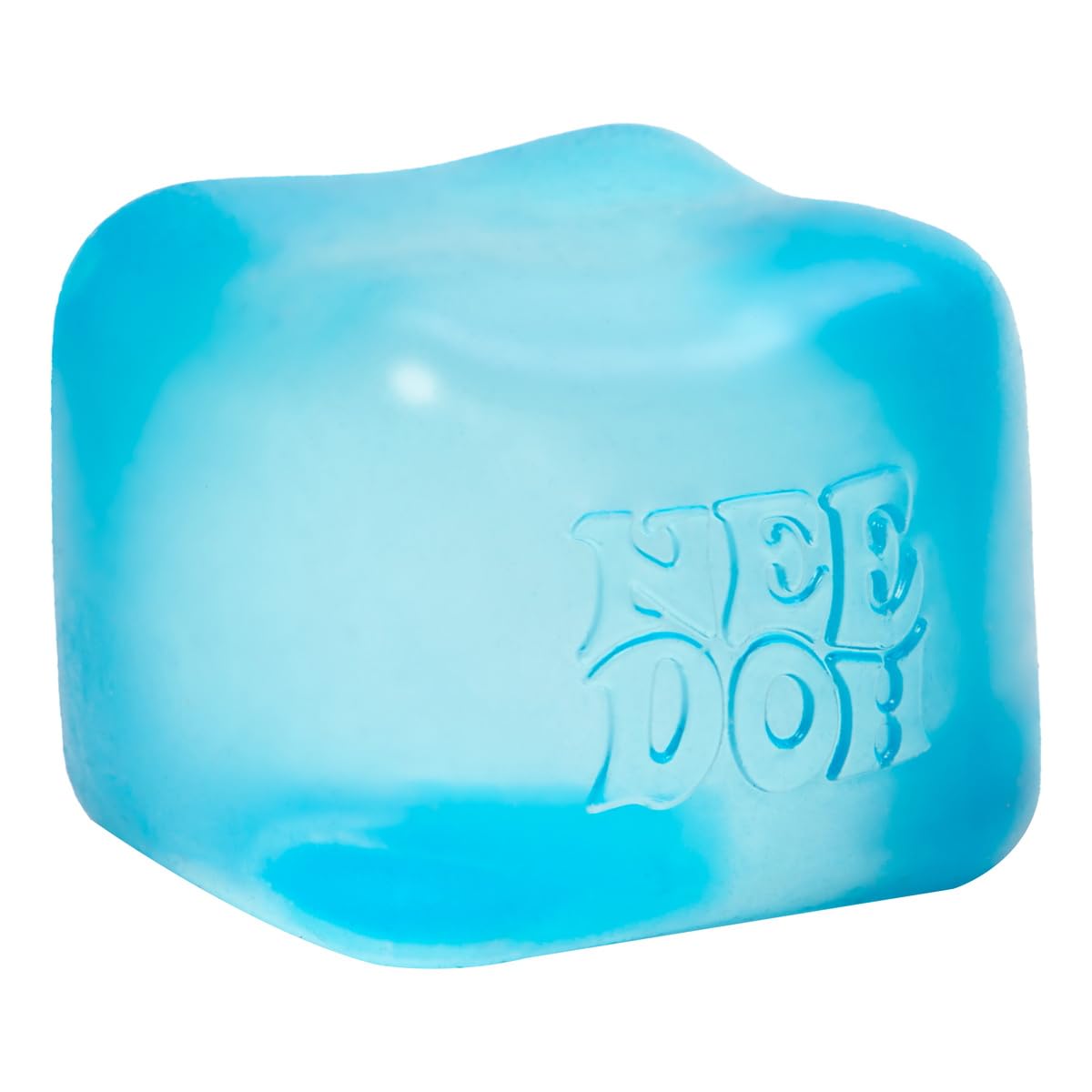 NeeDoh Nice Cube translucent blue ice cube fidget toy showing super solid squish texture for stress relief ages 3 plus