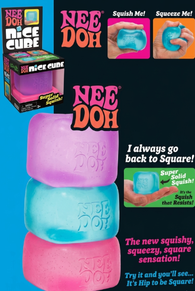 NeeDoh Nice Cube ice cube fidget toy in translucent pink, purple and blue colours showing super solid squish texture for stress relief, ADHD support and anxiety management