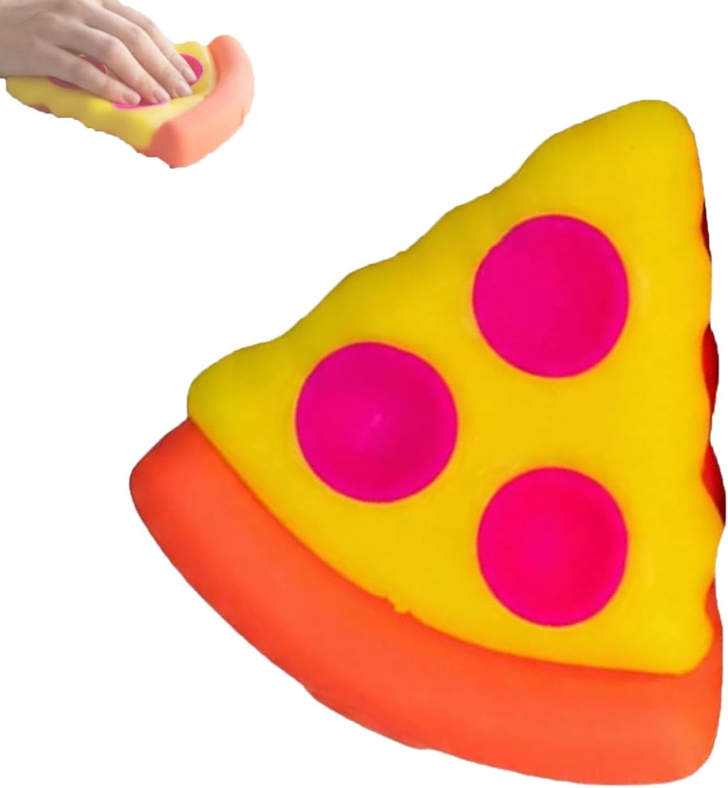 NeeDoh Pizza Squeeza yellow sensory fidget toy with pink pepperoni circles being squeezed by hand showing stress relief play