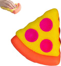 NeeDoh Pizza Squeeza yellow sensory fidget toy with pink pepperoni circles being squeezed by hand showing stress relief play