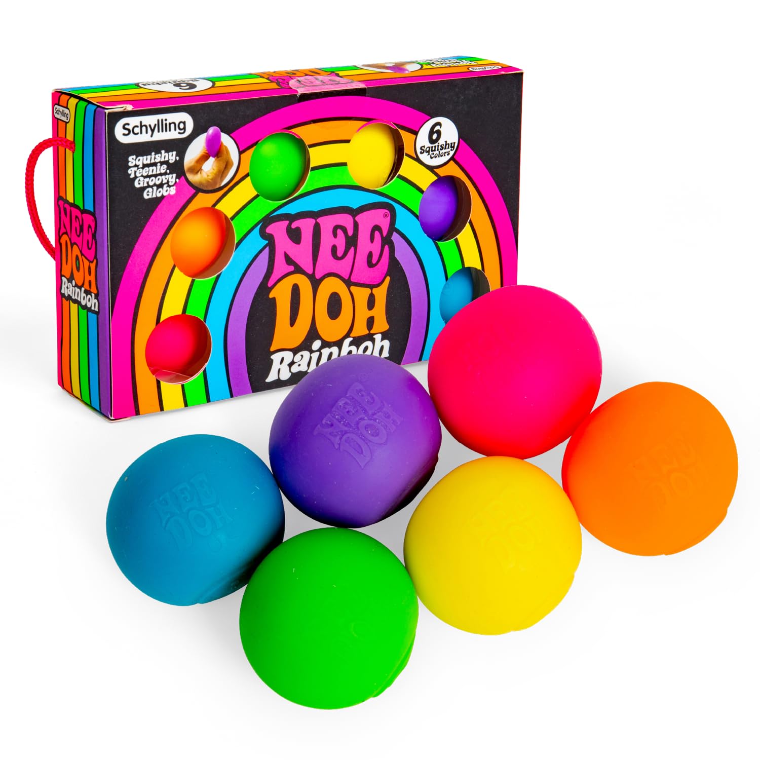 NeeDoh Rainbow Teenie 6 pack mini stress balls in pink orange yellow green blue purple sensory fidget toys for kids