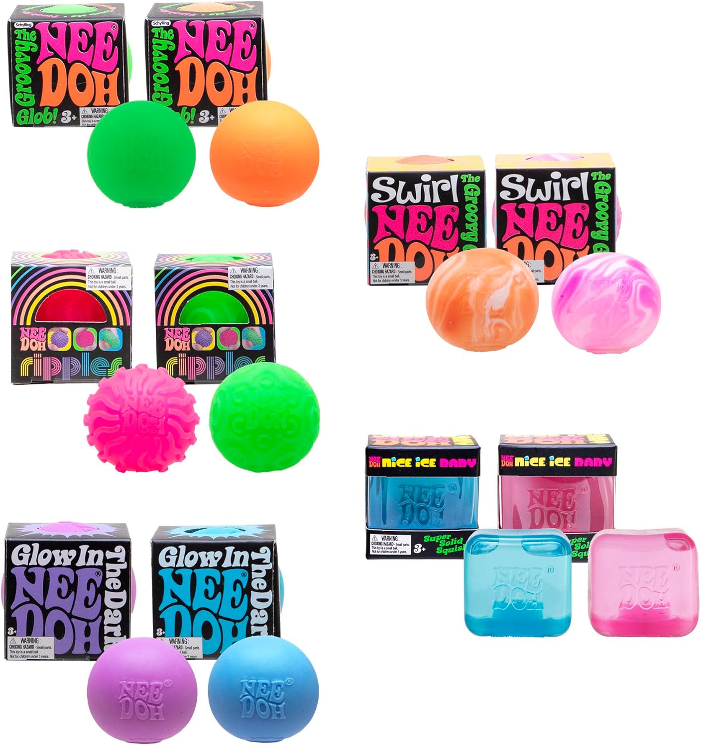 NeeDoh Teenie 10 pack mini squishy fidget toys showing five styles including Nice Ice Baby glow swirl ripples original